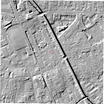 Shaded relief map of the ground around NG102AF, computed from Environment Agency LiDAR. The ground here sits at about 29 m above sea level and falls 9 m across the surrounding 800 m. Surface water reaching this point runs off ground lying to the north, 6.8 m higher.