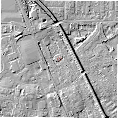 Shaded relief map of the ground around NG102AG, computed from Environment Agency LiDAR. The ground here sits at about 29 m above sea level and falls 9 m across the surrounding 800 m. Surface water reaching this point runs off ground lying to the north-west, 2.7 m higher.