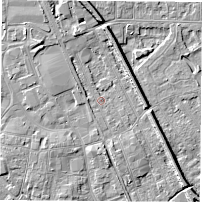 Shaded relief map of the ground around NG102AH, computed from Environment Agency LiDAR. The ground here sits at about 30 m above sea level and falls 9 m across the surrounding 800 m. Surface water reaching this point runs off ground lying to the north-west, 2.7 m higher.