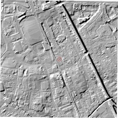 Shaded relief map of the ground around NG102AJ, computed from Environment Agency LiDAR. The ground here sits at about 30 m above sea level and falls 9 m across the surrounding 800 m. Surface water reaching this point runs off ground lying to the south-south-east, 1.6 m higher.