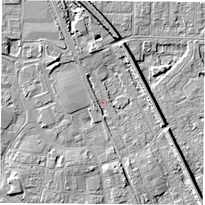 Shaded relief map of the ground around NG102AL, computed from Environment Agency LiDAR. The ground here sits at about 30 m above sea level and falls 9 m across the surrounding 800 m. Surface water reaching this point runs off ground lying to the north-north-west, 2.0 m higher.