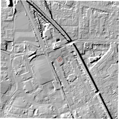 Shaded relief map of the ground around NG102AN, computed from Environment Agency LiDAR. The ground here sits at about 30 m above sea level and falls 13 m across the surrounding 800 m. Surface water reaching this point runs off ground lying to the north-north-west, 5.1 m higher.