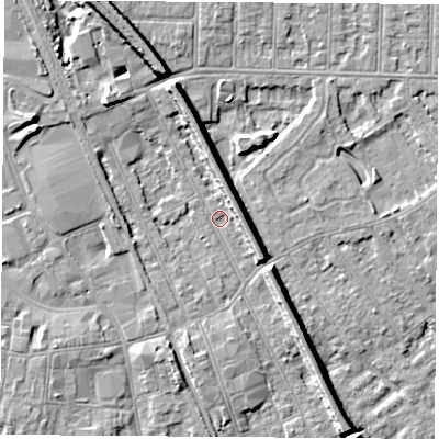 Shaded relief map of the ground around NG102AP, computed from Environment Agency LiDAR. The ground here sits at about 29 m above sea level and falls 9 m across the surrounding 800 m. Surface water reaching this point runs off ground lying to the north-north-west, 6.8 m higher.