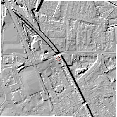 Shaded relief map of the ground around NG102AR, computed from Environment Agency LiDAR. The ground here sits at about 30 m above sea level and falls 10 m across the surrounding 800 m. Surface water reaching this point runs off ground lying to the east-south-east, 4.9 m higher.
