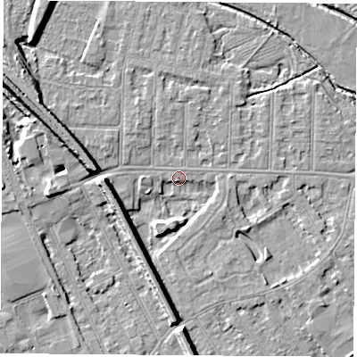 Shaded relief map of the ground around NG102AU, computed from Environment Agency LiDAR. The ground here sits at about 30 m above sea level and falls 10 m across the surrounding 800 m. Surface water reaching this point runs off ground lying to the west, 8.6 m higher.