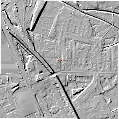 Shaded relief map of the ground around NG102AW, computed from Environment Agency LiDAR. The ground here sits at about 31 m above sea level and falls 10 m across the surrounding 800 m. Surface water reaching this point runs off ground lying to the west-north-west, 5.1 m higher.