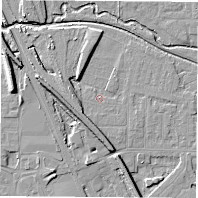 Shaded relief map of the ground around NG102AY, computed from Environment Agency LiDAR. The ground here sits at about 31 m above sea level and falls 13 m across the surrounding 800 m. Surface water reaching this point runs off ground lying to the north-east, 1.5 m higher.
