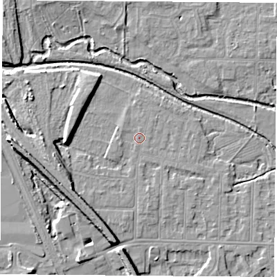 Shaded relief map of the ground around NG102AZ, computed from Environment Agency LiDAR. The ground here sits at about 31 m above sea level and falls 10 m across the surrounding 800 m. Surface water reaching this point runs off ground lying to the west, 1.0 m higher.