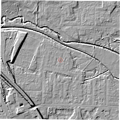 Shaded relief map of the ground around NG102BG, computed from Environment Agency LiDAR. The ground here sits at about 30 m above sea level and falls 10 m across the surrounding 800 m. Surface water reaching this point runs off ground lying to the south-south-west, 1.1 m higher.