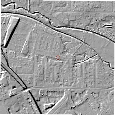 Shaded relief map of the ground around NG102BH, computed from Environment Agency LiDAR. The ground here sits at about 30 m above sea level and falls 10 m across the surrounding 800 m. Surface water reaching this point runs off ground lying to the west-south-west, 1.1 m higher.