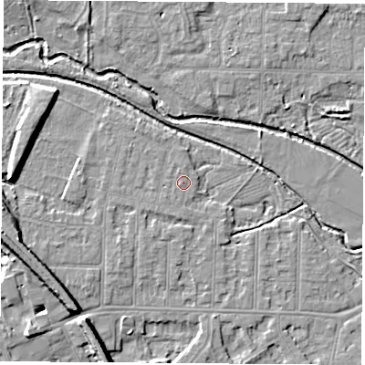Shaded relief map of the ground around NG102BJ, computed from Environment Agency LiDAR. The ground here sits at about 31 m above sea level and falls 10 m across the surrounding 800 m. Surface water reaching this point runs off ground lying to the south-west, 0.5 m higher.