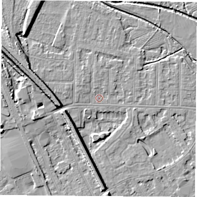 Shaded relief map of the ground around NG102BN, computed from Environment Agency LiDAR. The ground here sits at about 30 m above sea level and falls 10 m across the surrounding 800 m. Surface water reaching this point runs off ground lying to the west-north-west, 6.0 m higher.
