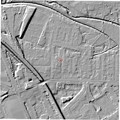 Shaded relief map of the ground around NG102BP, computed from Environment Agency LiDAR. The ground here sits at about 31 m above sea level and falls 10 m across the surrounding 800 m. Surface water reaching this point runs off ground lying to the south-west, 0.7 m higher.