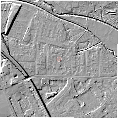 Shaded relief map of the ground around NG102BS, computed from Environment Agency LiDAR. The ground here sits at about 30 m above sea level and falls 10 m across the surrounding 800 m. Surface water reaching this point runs off ground lying to the north-west, 0.7 m higher.