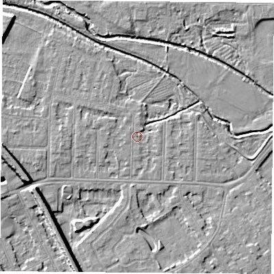 Shaded relief map of the ground around NG102BT, computed from Environment Agency LiDAR. The ground here sits at about 30 m above sea level and falls 9 m across the surrounding 800 m. Surface water reaching this point runs off ground lying to the north, 1.6 m higher.