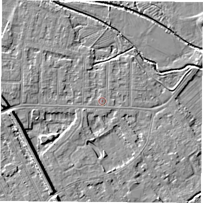Shaded relief map of the ground around NG102BU, computed from Environment Agency LiDAR. The ground here sits at about 30 m above sea level and falls 9 m across the surrounding 800 m. Surface water reaching this point runs off ground lying to the north, 0.8 m higher.