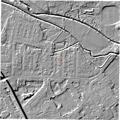Shaded relief map of the ground around NG102BW, computed from Environment Agency LiDAR. The ground here sits at about 30 m above sea level and falls 9 m across the surrounding 800 m. Surface water reaching this point runs off ground lying to the west-south-west, 0.6 m higher.