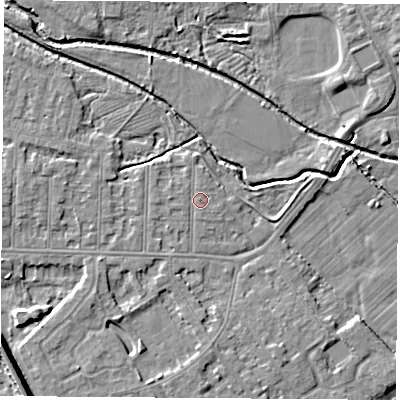 Shaded relief map of the ground around NG102BX, computed from Environment Agency LiDAR. The ground here sits at about 30 m above sea level and falls 8 m across the surrounding 800 m. The ground contributing surface water to this point lies to the north-north-west.
