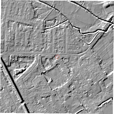 Shaded relief map of the ground around NG102BZ, computed from Environment Agency LiDAR. The ground here sits at about 29 m above sea level and falls 9 m across the surrounding 800 m. Surface water reaching this point runs off ground lying to the north-north-west, 0.8 m higher.