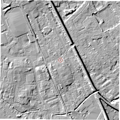 Shaded relief map of the ground around NG102DG, computed from Environment Agency LiDAR. The ground here sits at about 30 m above sea level and falls 8 m across the surrounding 800 m. Surface water reaching this point runs off ground lying to the south-south-east, 1.3 m higher.