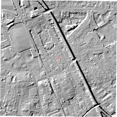 Shaded relief map of the ground around NG102DH, computed from Environment Agency LiDAR. The ground here sits at about 29 m above sea level and falls 9 m across the surrounding 800 m. Surface water reaching this point runs off ground lying to the south-west, 1.1 m higher.