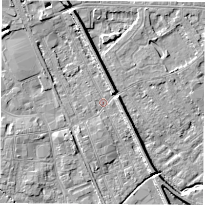 Shaded relief map of the ground around NG102DJ, computed from Environment Agency LiDAR. The ground here sits at about 29 m above sea level and falls 9 m across the surrounding 800 m. Surface water reaching this point runs off ground lying to the north-north-west, 7.7 m higher.