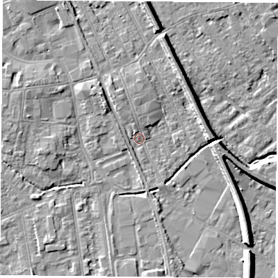 Shaded relief map of the ground around NG102DL, computed from Environment Agency LiDAR. The ground here sits at about 29 m above sea level and falls 8 m across the surrounding 800 m. Surface water reaching this point runs off ground lying to the north-north-west, 2.7 m higher.
