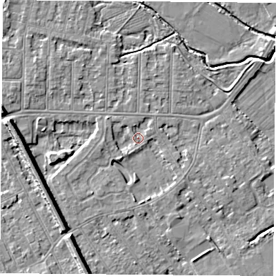 Shaded relief map of the ground around NG102DQ, computed from Environment Agency LiDAR. The ground here sits at about 29 m above sea level and falls 9 m across the surrounding 800 m. Surface water reaching this point runs off ground lying to the south-west, 1.8 m higher.