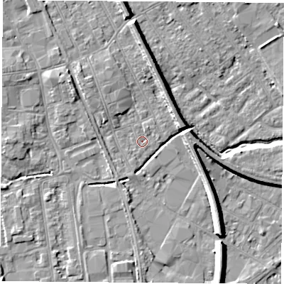 Shaded relief map of the ground around NG102DS, computed from Environment Agency LiDAR. The ground here sits at about 28 m above sea level and falls 8 m across the surrounding 800 m. Surface water reaching this point runs off ground lying to the north, 6.5 m higher.