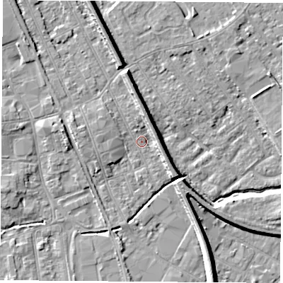 Shaded relief map of the ground around NG102DT, computed from Environment Agency LiDAR. The ground here sits at about 29 m above sea level and falls 8 m across the surrounding 800 m. Surface water reaching this point runs off ground lying to the west-north-west, 1.8 m higher.