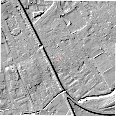 Shaded relief map of the ground around NG102DW, computed from Environment Agency LiDAR. The ground here sits at about 29 m above sea level and falls 8 m across the surrounding 800 m. Surface water reaching this point runs off ground lying to the west-north-west, 5.8 m higher.