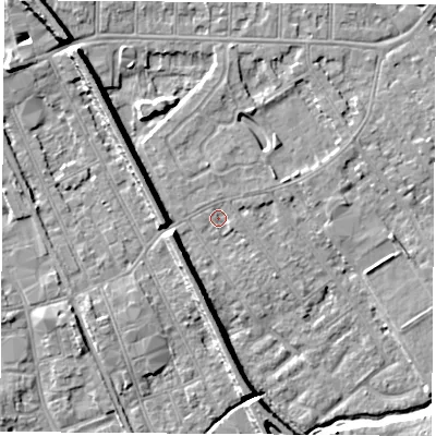 Shaded relief map of the ground around NG102DX, computed from Environment Agency LiDAR. The ground here sits at about 29 m above sea level and falls 9 m across the surrounding 800 m. Surface water reaching this point runs off ground lying to the north-north-east, 0.8 m higher.