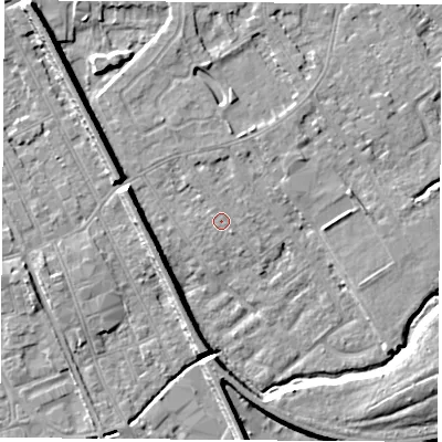 Shaded relief map of the ground around NG102DY, computed from Environment Agency LiDAR. The ground here sits at about 29 m above sea level and falls 9 m across the surrounding 800 m. Surface water reaching this point runs off ground lying to the north, 1.0 m higher.