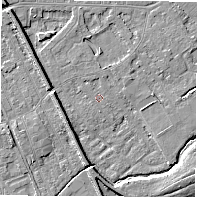 Shaded relief map of the ground around NG102DZ, computed from Environment Agency LiDAR. The ground here sits at about 29 m above sea level and falls 9 m across the surrounding 800 m. Surface water reaching this point runs off ground lying to the north-north-west, 1.0 m higher.