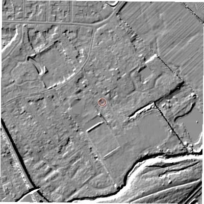 Shaded relief map of the ground around NG102EG, computed from Environment Agency LiDAR. The ground here sits at about 29 m above sea level and falls 9 m across the surrounding 800 m. Surface water reaching this point runs off ground lying to the south, 1.8 m higher.
