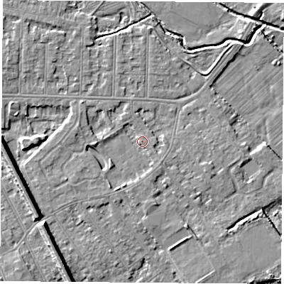 Shaded relief map of the ground around NG102EH, computed from Environment Agency LiDAR. The ground here sits at about 29 m above sea level and falls 9 m across the surrounding 800 m. Surface water reaching this point runs off ground lying to the south-west, 1.9 m higher.