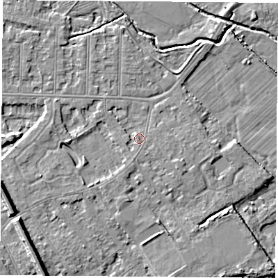 Shaded relief map of the ground around NG102EJ, computed from Environment Agency LiDAR. The ground here sits at about 29 m above sea level and falls 9 m across the surrounding 800 m. Surface water reaching this point runs off ground lying to the south-south-west, 1.2 m higher.