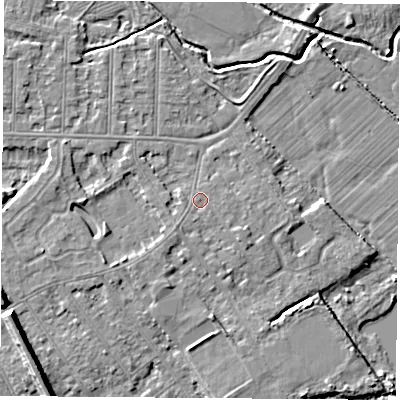 Shaded relief map of the ground around NG102EL, computed from Environment Agency LiDAR. The ground here sits at about 29 m above sea level and falls 9 m across the surrounding 800 m. Surface water reaching this point runs off ground lying to the south-east, 0.8 m higher.