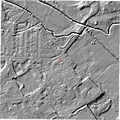 Shaded relief map of the ground around NG102EN, computed from Environment Agency LiDAR. The ground here sits at about 29 m above sea level and falls 5 m across the surrounding 800 m. Surface water reaching this point runs off ground lying to the west-south-west, 2.7 m higher.