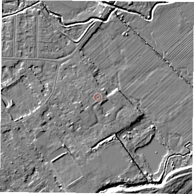 Shaded relief map of the ground around NG102EP, computed from Environment Agency LiDAR. The ground here sits at about 29 m above sea level and falls 7 m across the surrounding 800 m. The ground contributing surface water to this point lies to the west-north-west.