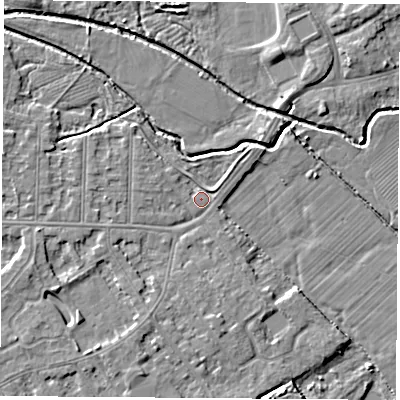 Shaded relief map of the ground around NG102EQ, computed from Environment Agency LiDAR. The ground here sits at about 29 m above sea level and falls 5 m across the surrounding 800 m. Surface water reaching this point runs off ground lying to the south-west, 2.7 m higher.