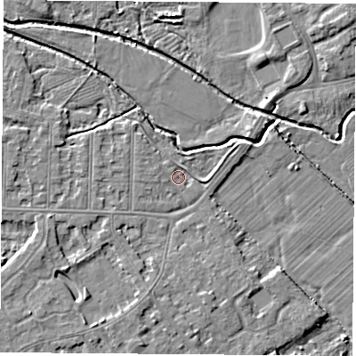 Shaded relief map of the ground around NG102ER, computed from Environment Agency LiDAR. The ground here sits at about 29 m above sea level and falls 5 m across the surrounding 800 m. Surface water reaching this point runs off ground lying to the west-north-west, 1.9 m higher.