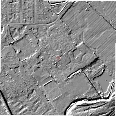 Shaded relief map of the ground around NG102ES, computed from Environment Agency LiDAR. The ground here sits at about 30 m above sea level and falls 8 m across the surrounding 800 m. Surface water reaching this point runs off ground lying to the north, 0.8 m higher.
