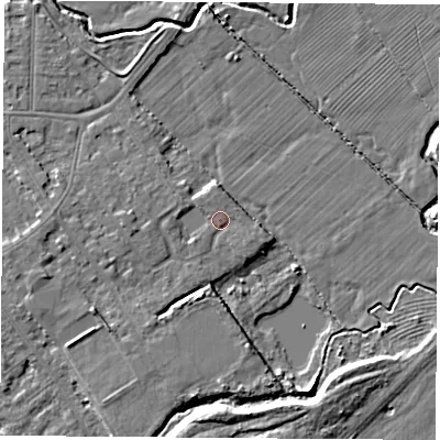 Shaded relief map of the ground around NG102ET, computed from Environment Agency LiDAR. The ground here sits at about 29 m above sea level and falls 8 m across the surrounding 800 m. Surface water reaching this point runs off ground lying to the north-west, 1.4 m higher.