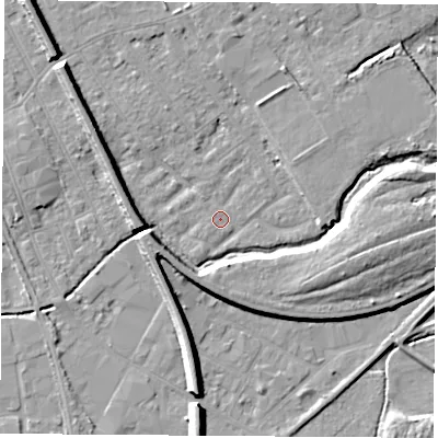 Shaded relief map of the ground around NG102EU, computed from Environment Agency LiDAR. The ground here sits at about 28 m above sea level and falls 9 m across the surrounding 800 m. Surface water reaching this point runs off ground lying to the west, 0.7 m higher.