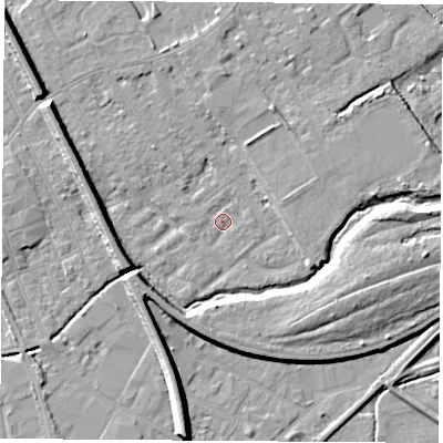 Shaded relief map of the ground around NG102EW, computed from Environment Agency LiDAR. The ground here sits at about 28 m above sea level and falls 9 m across the surrounding 800 m. Surface water reaching this point runs off ground lying to the west-north-west, 7.1 m higher.