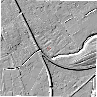 Shaded relief map of the ground around NG102EX, computed from Environment Agency LiDAR. The ground here sits at about 28 m above sea level and falls 9 m across the surrounding 800 m. Surface water reaching this point runs off ground lying to the south-south-east, 1.1 m higher.