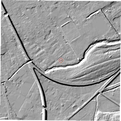 Shaded relief map of the ground around NG102EY, computed from Environment Agency LiDAR. The ground here sits at about 28 m above sea level and falls 9 m across the surrounding 800 m. Surface water reaching this point runs off ground lying to the north-west, 7.2 m higher.