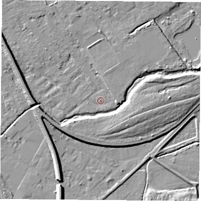 Shaded relief map of the ground around NG102EZ, computed from Environment Agency LiDAR. The ground here sits at about 28 m above sea level and falls 9 m across the surrounding 800 m. Surface water reaching this point runs off ground lying to the east, 1.9 m higher.