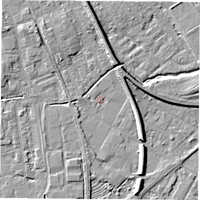 Shaded relief map of the ground around NG102FJ, computed from Environment Agency LiDAR. The ground here sits at about 28 m above sea level and falls 8 m across the surrounding 800 m. Surface water reaching this point runs off ground lying to the west, 1.4 m higher.